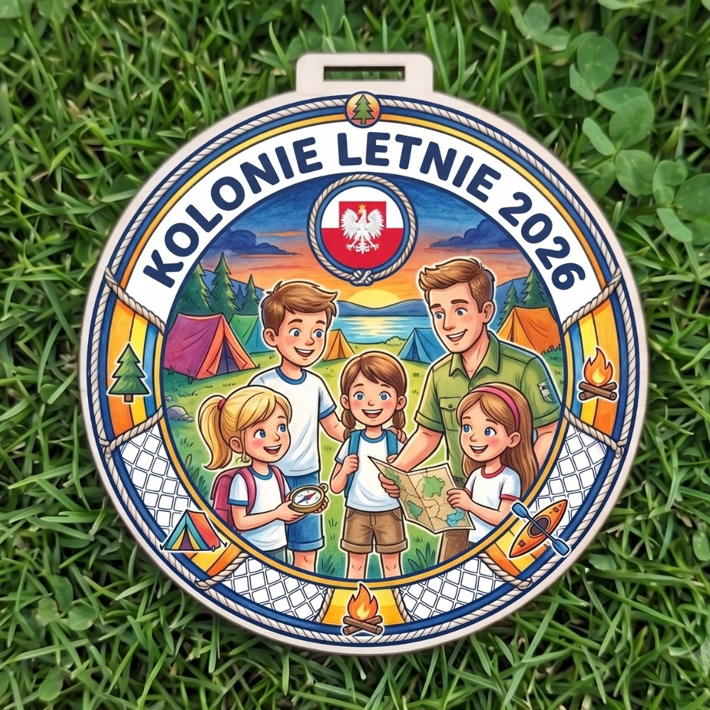 Kolorowy, okrągły drewniany medal z napisem Kolonie Letnie 2026