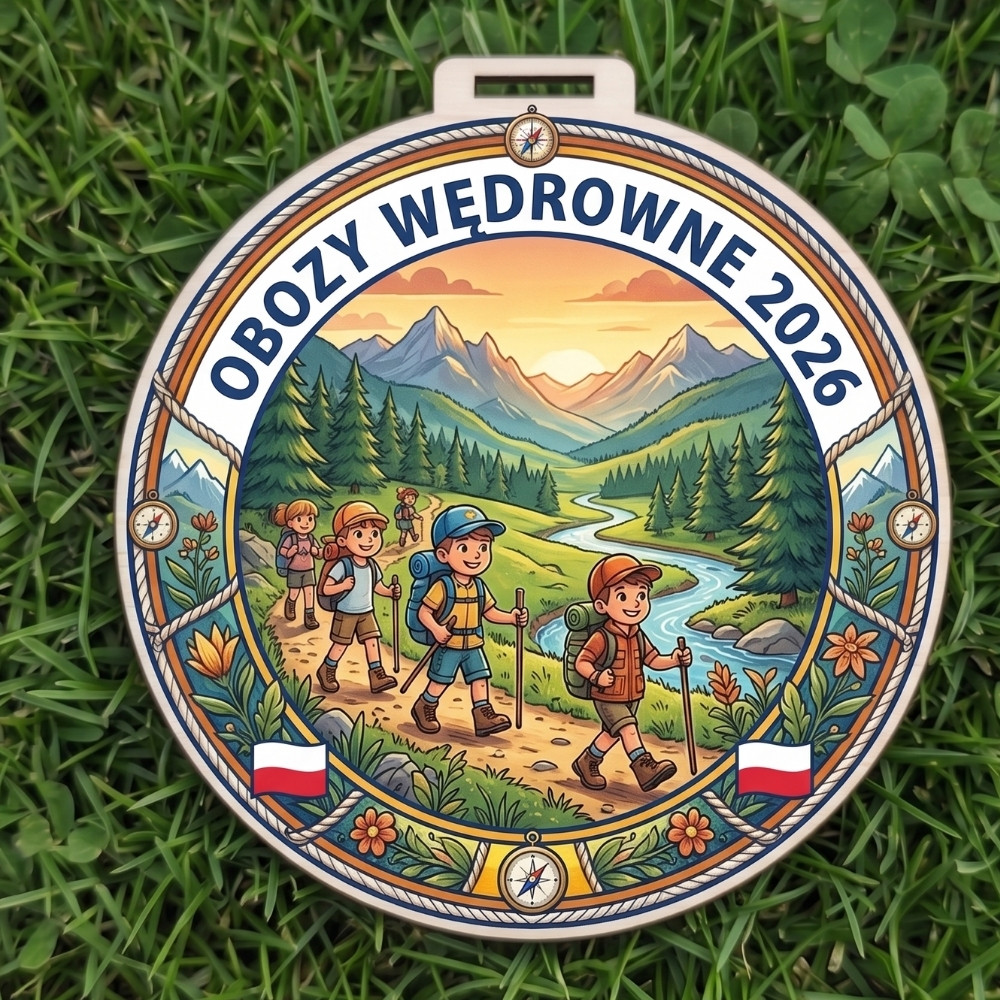 Kolorowy, okrągły drewniany medal z napisem Obozy Wędrowne 2026 i grafiką dzieci na szlaku nizinno - górskim