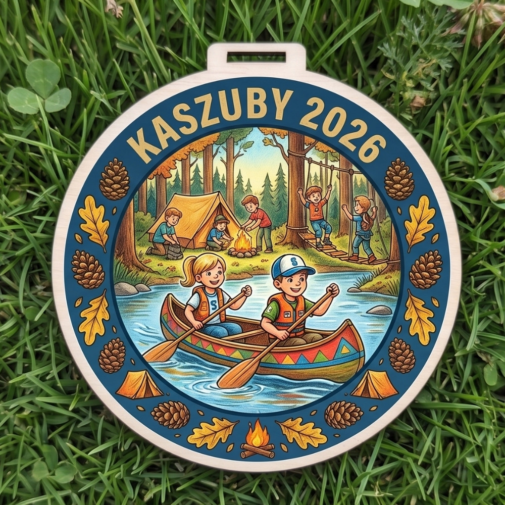 Kolorowy, okrągły drewniany medal z napisem Kaszuby 2026 i grafiką kajakarzy na rzecem całość w ramce z liśćmi i szyszkami