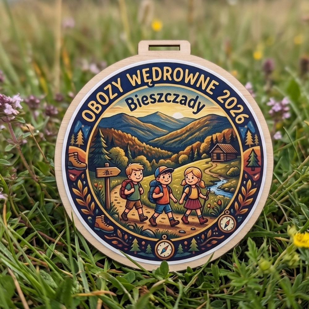 Kolorowy, okrągły drewniany medal z napisem Obozy wędrowne 2026 i napisem Bieszczady
