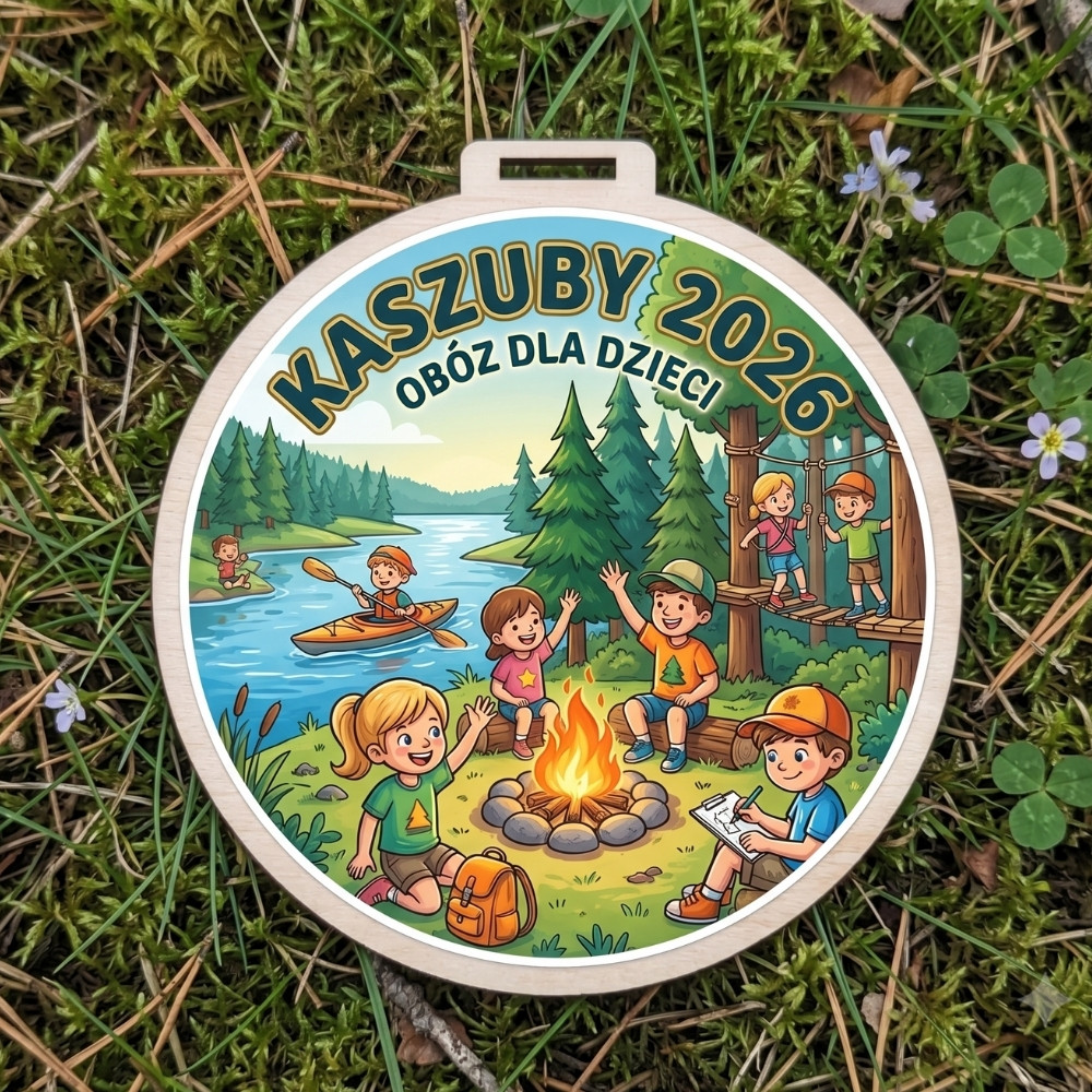 Kolorowy, okrągły drewniany medal z napisem Kaszuby 2026 Obóz dla dzieci i grafiką dzieci przy ognisku
