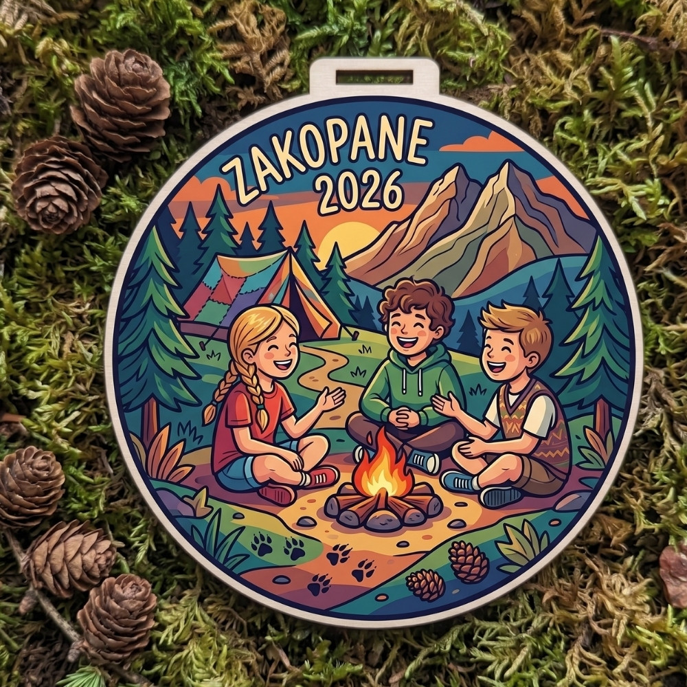 Kolorowy, okrągły drewniany medal z napisem Zakopane 2026 i grafiką dzieci przy ognisku