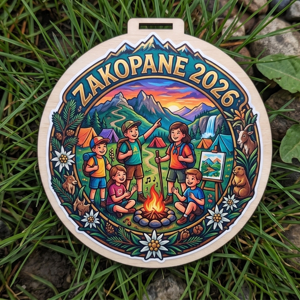 Kolorowy, okrągły drewniany medal z napisem Zakopane 2026 i grafiką dzieci na szlaku górskim, w tle góry