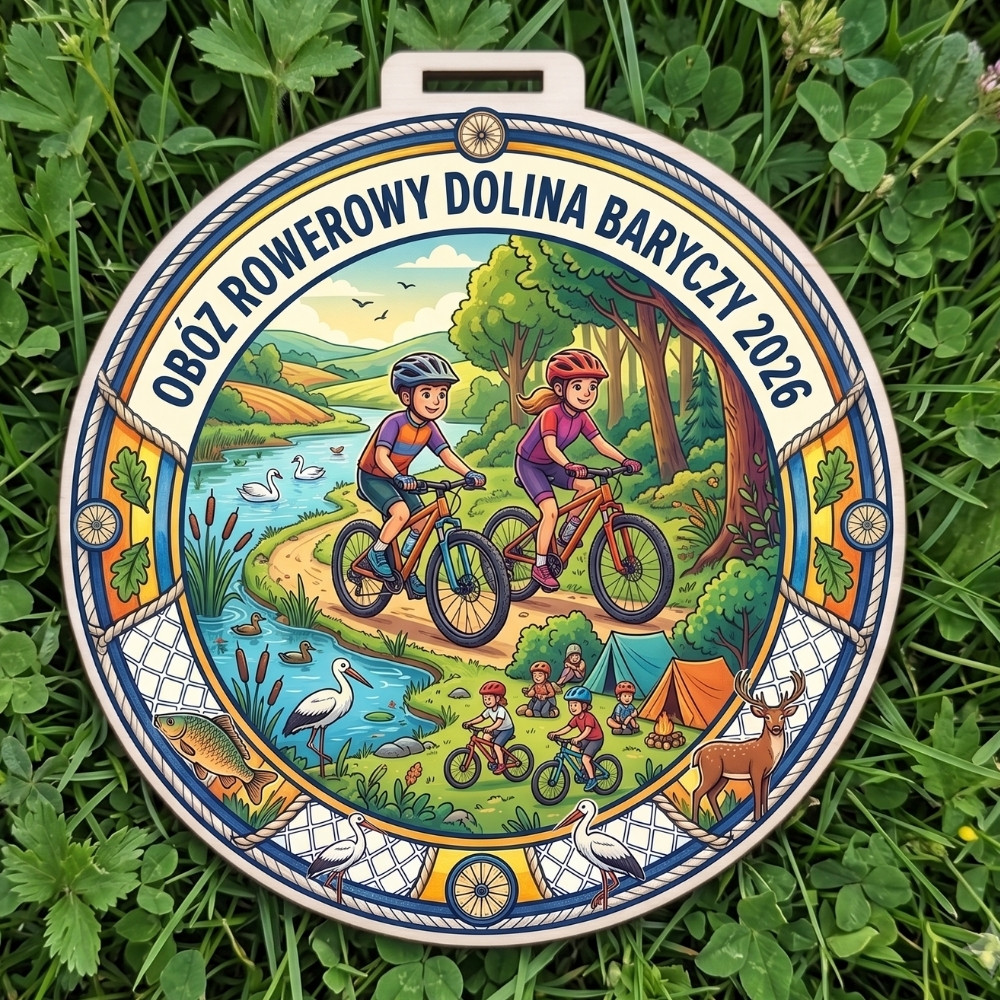 Kolorowy, okrągły drewniany medal z napisem Obóz Rowerowy Dolina Baryczy 2026 i grafiką dzieci na szlaku rowerowym, dzieci na rowerach