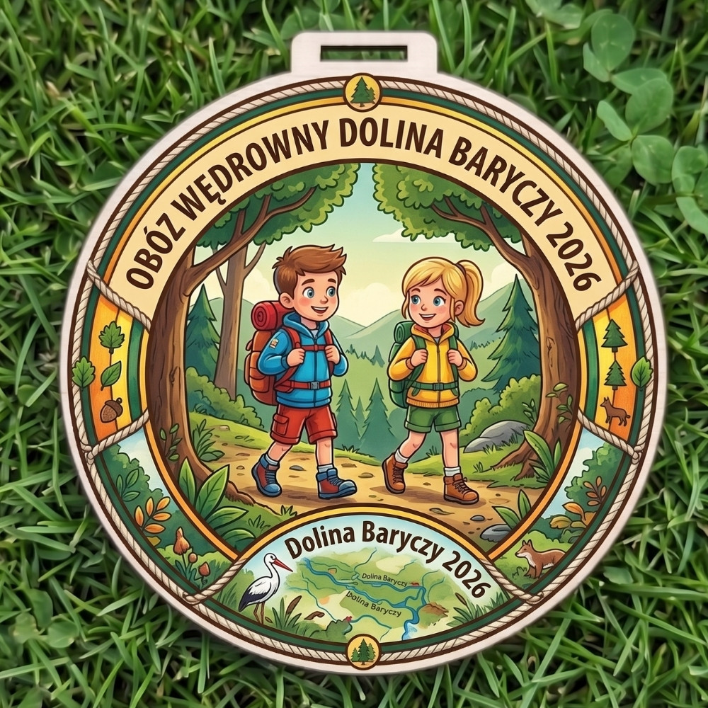 Kolorowy, okrągły drewniany medal z napisem Obóz Wędrowny Dolina Baryczy 2026 i grafiką dzieci - chłopca i dziewczynki na szlaku