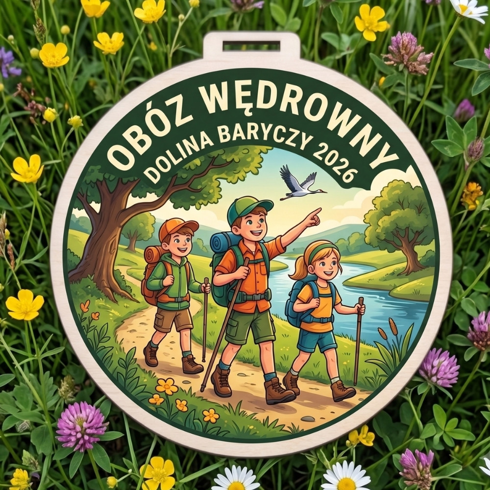Kolorowy, okrągły drewniany medal z napisem Obóz Wędrowny Dolina Baryczy 2026 i grafiką dzieci na szlaku, w oddali leci bocian