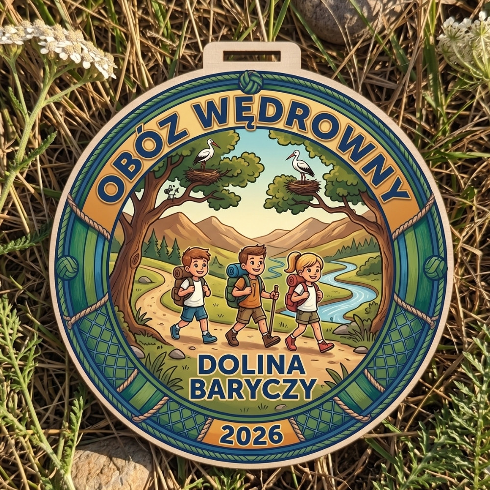 Kolorowy, okrągły drewniany medal z napisem Obóz Wędrowny Dolina Baryczy 2026 i grafiką trójki dzieci na szlaku