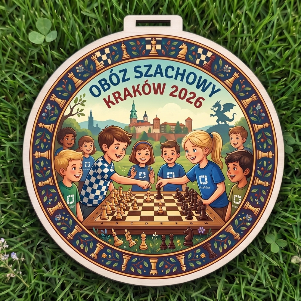 Kolorowy, okrągły drewniany medal z napisem Obóz Szachowy Kraków 2026. Centralna grafika to 4 dzieci przy szachownicy, ciekawa ramka dookoła medalu w stylu szachowym