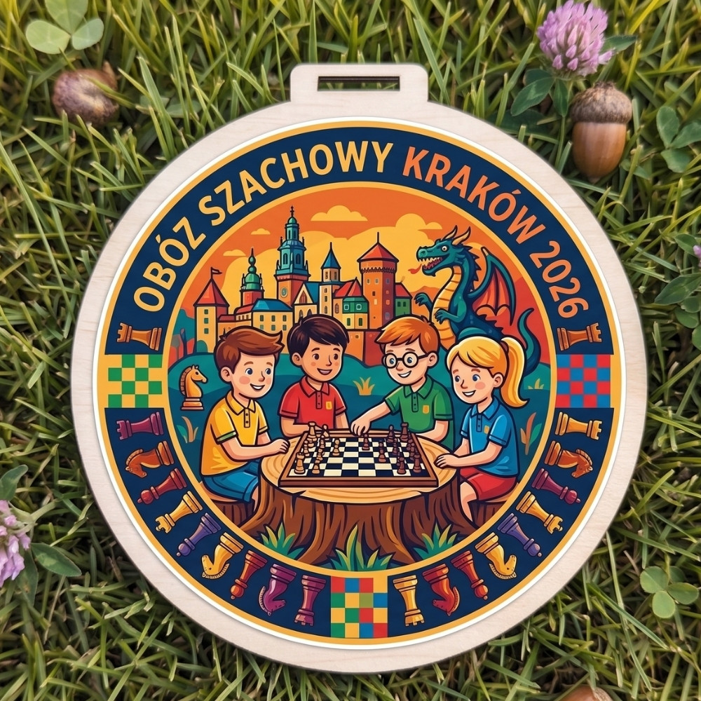 Kolorowy, okrągły drewniany medal z napisem Obóz Szachowy Kraków 2026. Centralna grafika to 4 dzieci przy szachownicy, ciekawa ramka dookoła medalu w stylu szachowym
