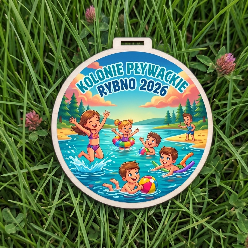 Kolorowy, okrągły drewniany medal z napisem Kolonie Pływackie Rybno 2026 i wizerunkiem dzieci bawiących si≥ę w wodzie