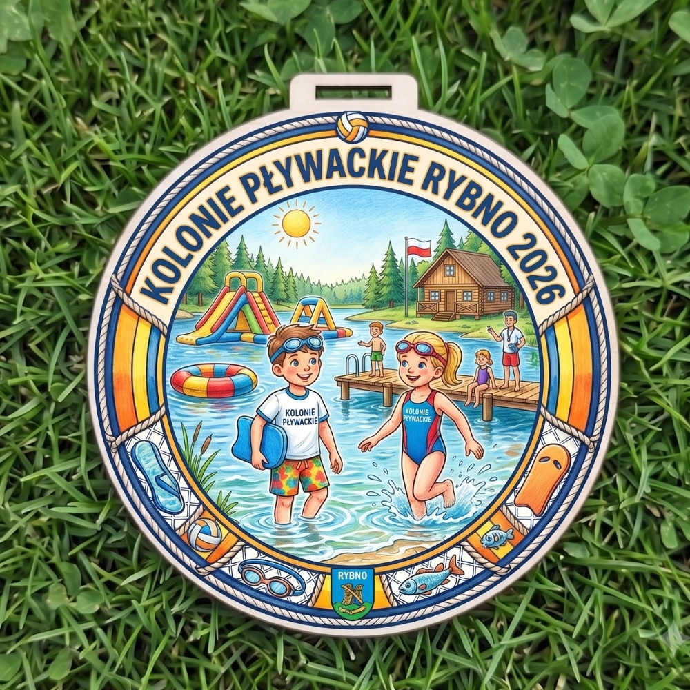 Kolorowy, okrągły drewniany medal z napisem Kolonie Pływackie Rybno 2026 i wizerunkiem chłopca oraz dziewczynki w wodzie