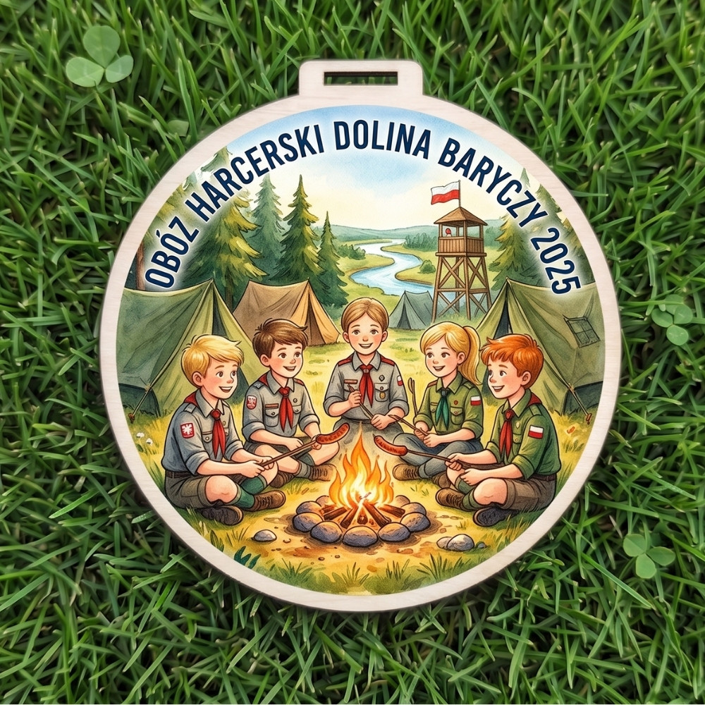 Kolorowy, okrągły drewniany medal z napisem Obóz Harcerski Dolina Baryczy 2025 i wizerunkiem harcerzy przy ognisku