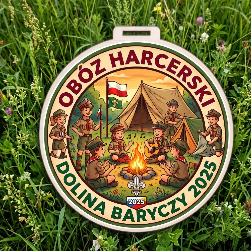 Kolorowy, okrągły drewniany medal z napisem Obóz Harcerski Dolina Baryczy 2025 i wizerunkiem harcerzy przy ognisku