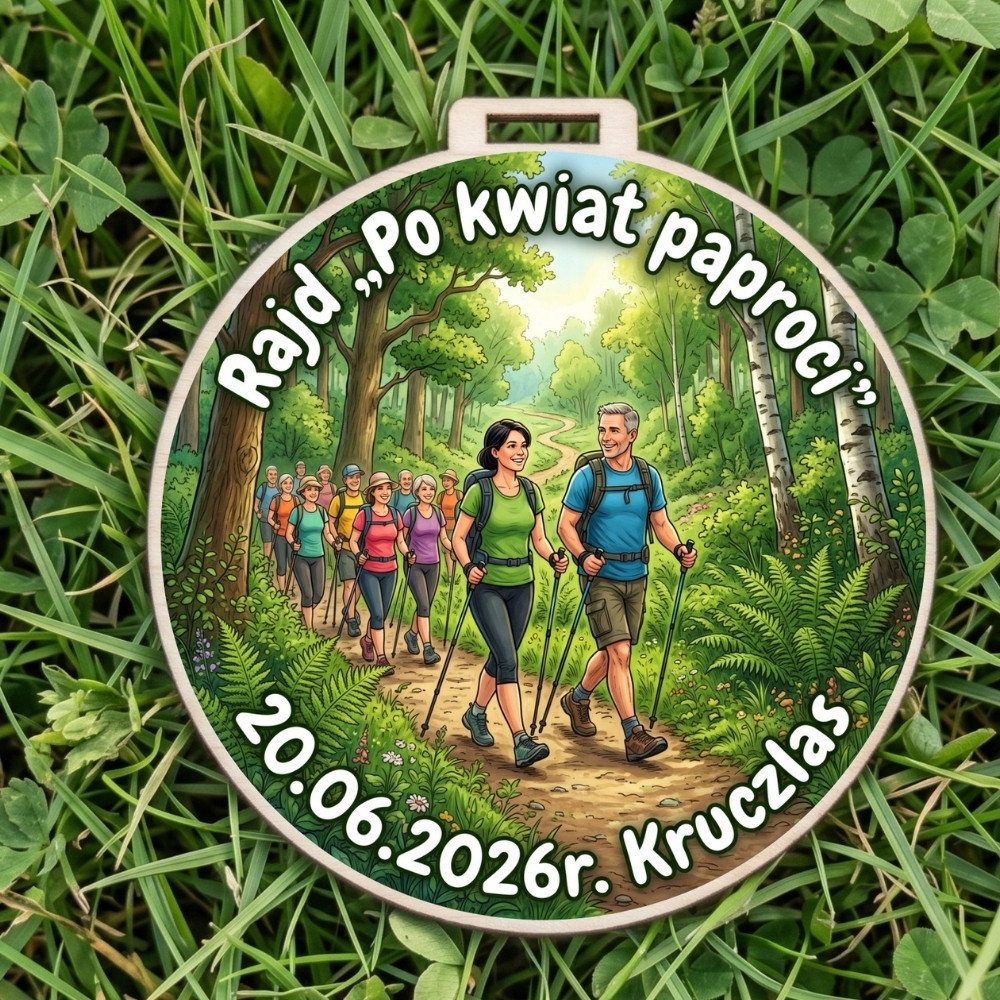 Kolorowy, okrągły drewniany medal z napisem Rajd "Po Kwiat Paproci" i wizerunkiem mężczyzny oraz kobiety z kijkami Nordic Walking na leśnej ścieżce