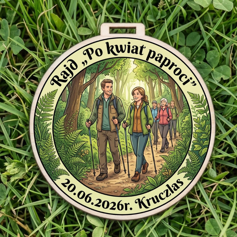 Kolorowy, okrągły drewniany medal z napisem Rajd "Po Kwiat Paproci" i wizerunkiem mężczyzny oraz kobiety z kijkami Nordic Walking na leśnej ścieżce