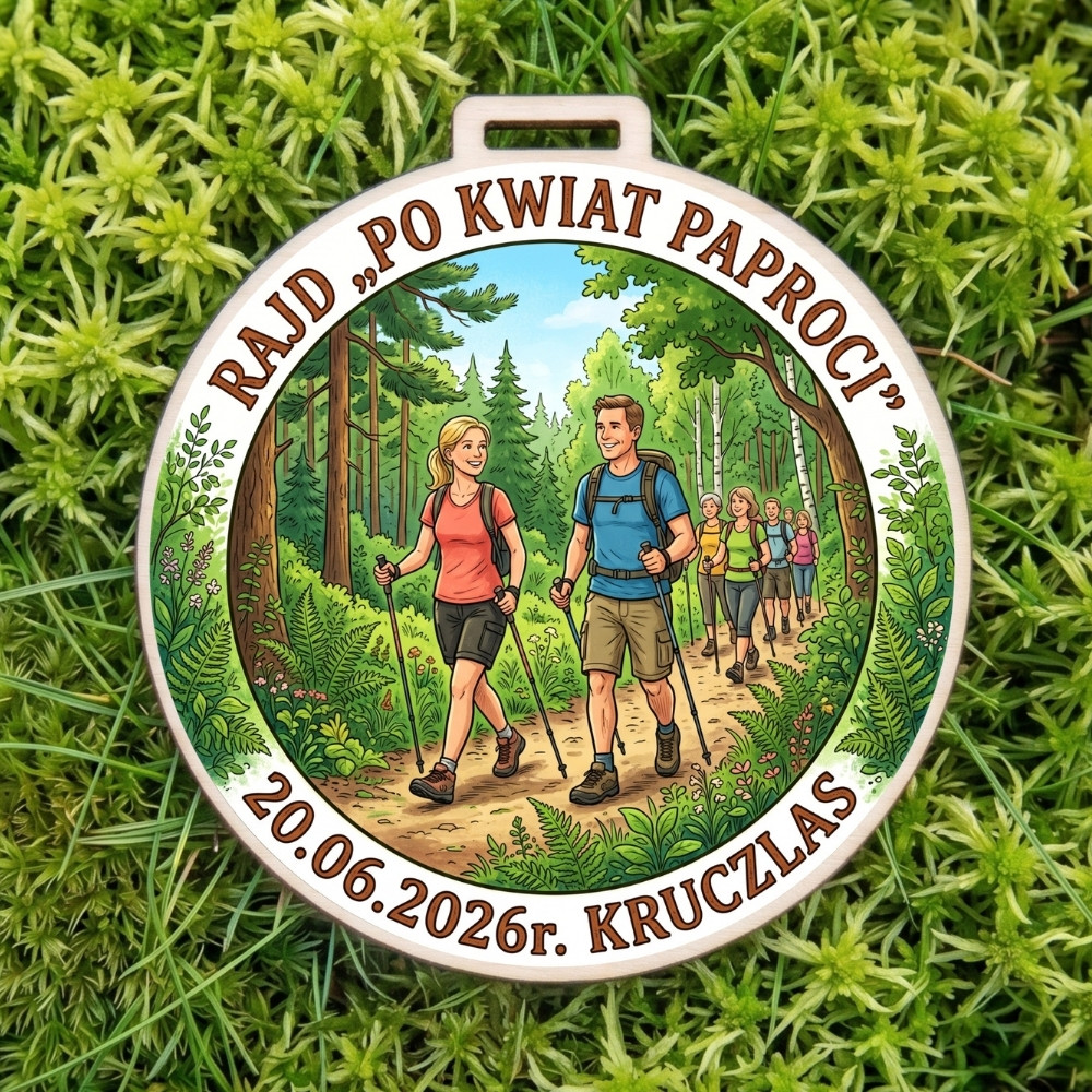 Kolorowy, okrągły drewniany medal z napisem Rajd "Po Kwiat Paproci" i wizerunkiem mężczyzny oraz kobiety z kijkami Nordic Walking na leśnej ścieżce