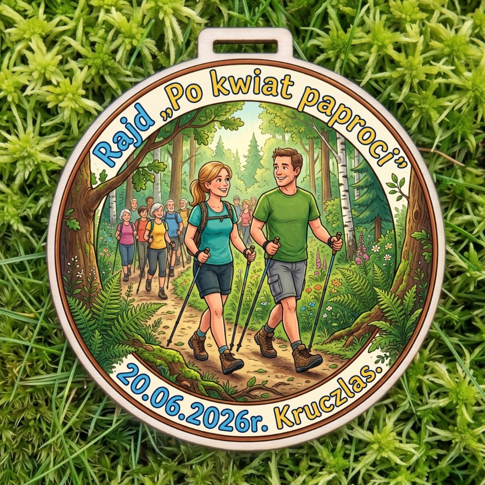 Kolorowy, okrągły drewniany medal z napisem Rajd "Po Kwiat Paproci" i wizerunkiem mężczyzny oraz kobiety z kijkami Nordic Walking na leśnej ścieżce