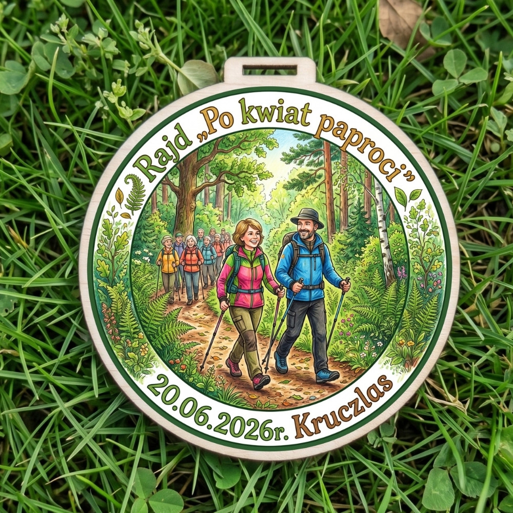 Kolorowy, okrągły drewniany medal z napisem Rajd "Po Kwiat Paproci" i wizerunkiem mężczyzny oraz kobiety z kijkami Nordic Walking na leśnej ścieżce