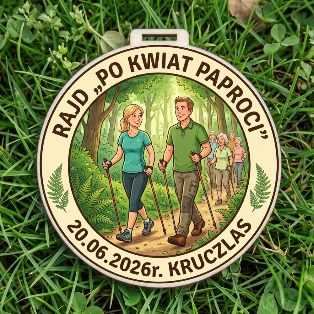 Kolorowy, okrągły drewniany medal z napisem Rajd "Po Kwiat Paproci" i wizerunkiem mężczyzny oraz kobiety z kijkami Nordic Walking na leśnej ścieżce