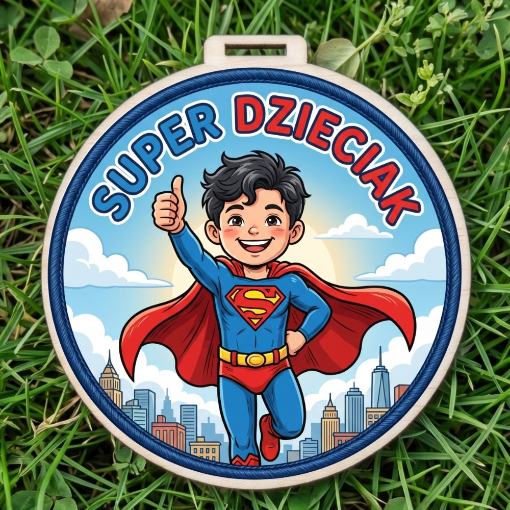 Kolorowy, okrągły drewniany medal z napisem Super Dzieciak
