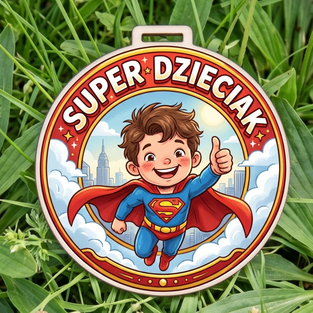 Kolorowy, okrągły drewniany medal z napisem Super Dzieciak