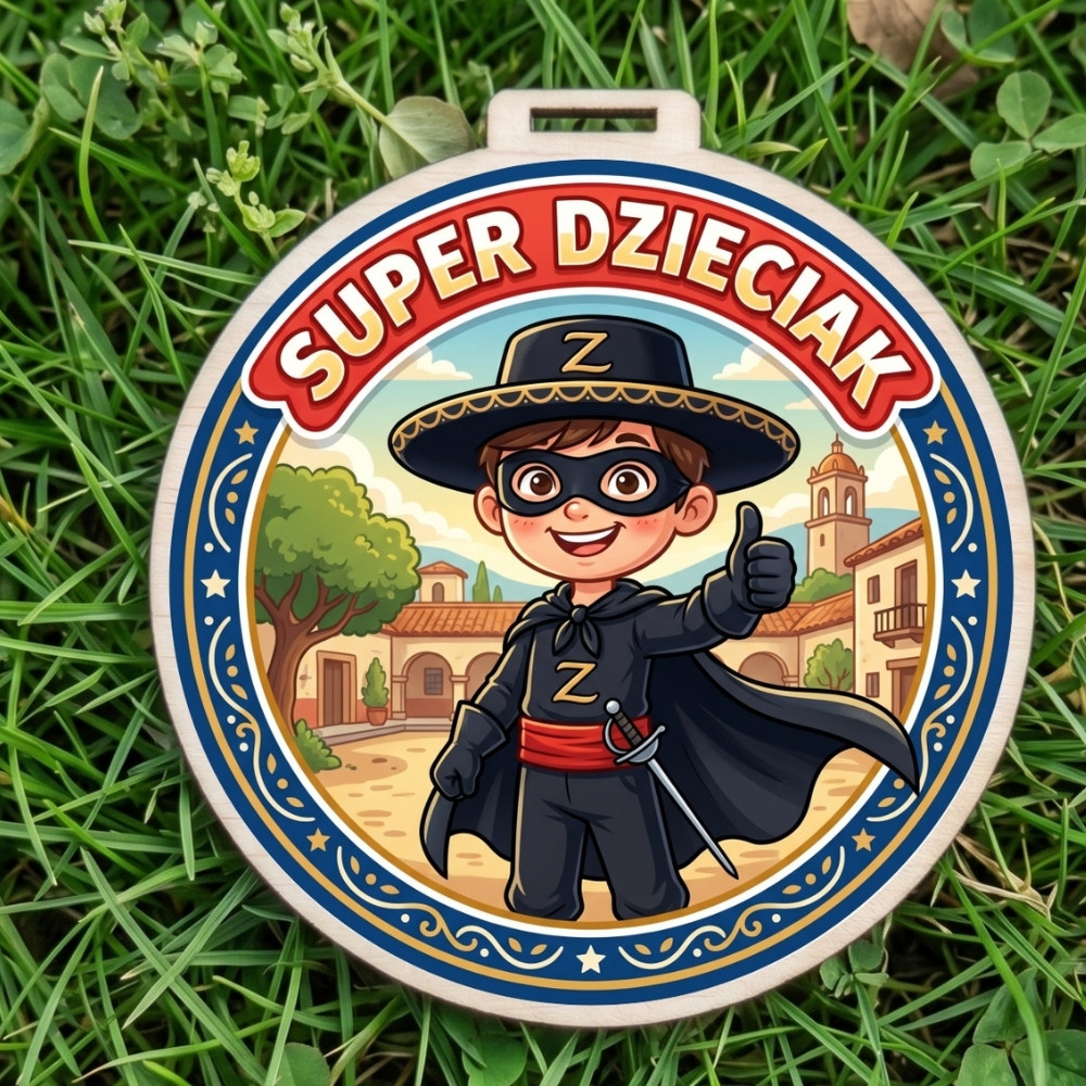 Kolorowy, okrągły drewniany medal z napisem Super Dzieciak