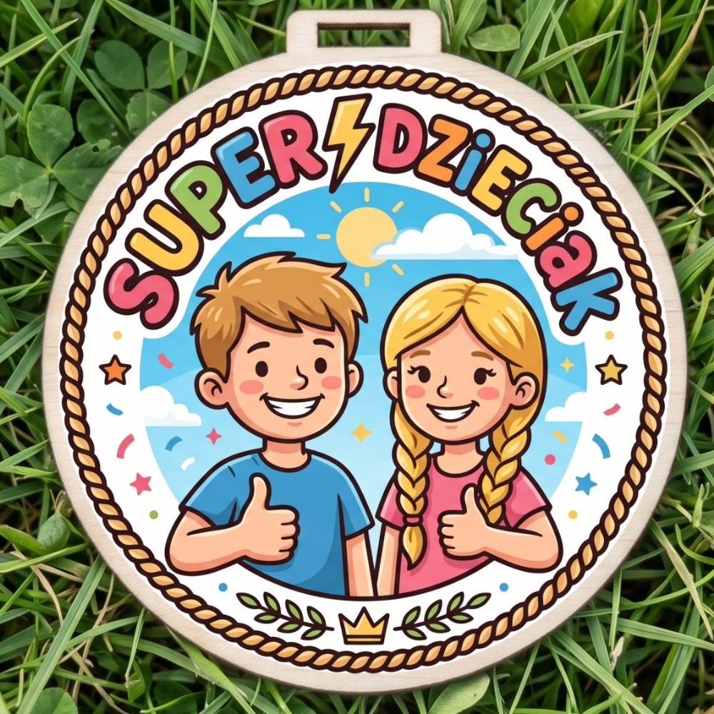 Kolorowy, okrągły drewniany medal z napisem Super Dzieciak