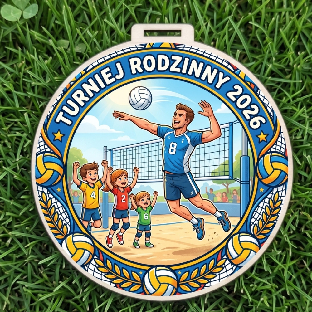 Kolorowy, okrągły drewniany medal z napisem Turniej Rodzinny 2026 i wizerunkiem siatkarza z piłką