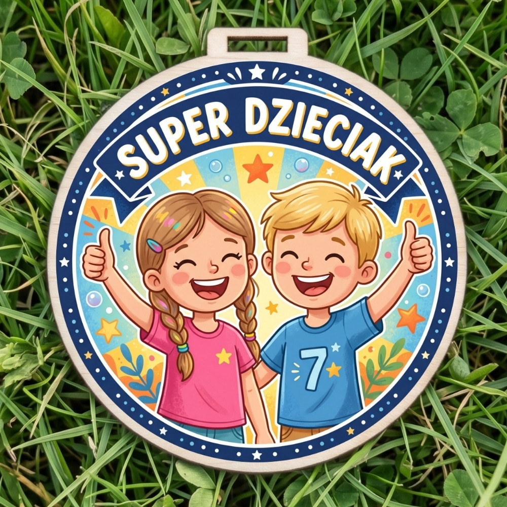 Kolorowy, okrągły drewniany medal z napisem Super Dzieciak