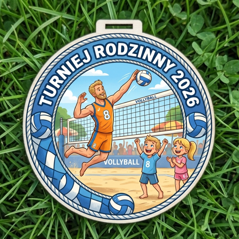 Kolorowy, okrągły drewniany medal z napisem Turniej Rodzinny 2026 i siatkarzem