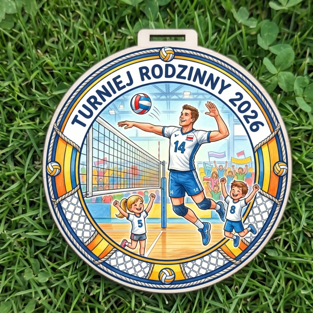 Kolorowy, okrągły drewniany medal z napisem Turniej Rodzinny 2026 i siatkarzem