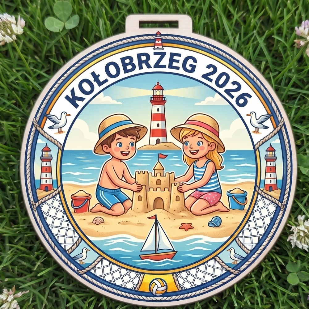 Kolorowy, okrągły drewniany medal z napisem Kołobrzeg 2026 i wizerunkiem dzieci - chłopca i dziewczynki bawiących się na plaży