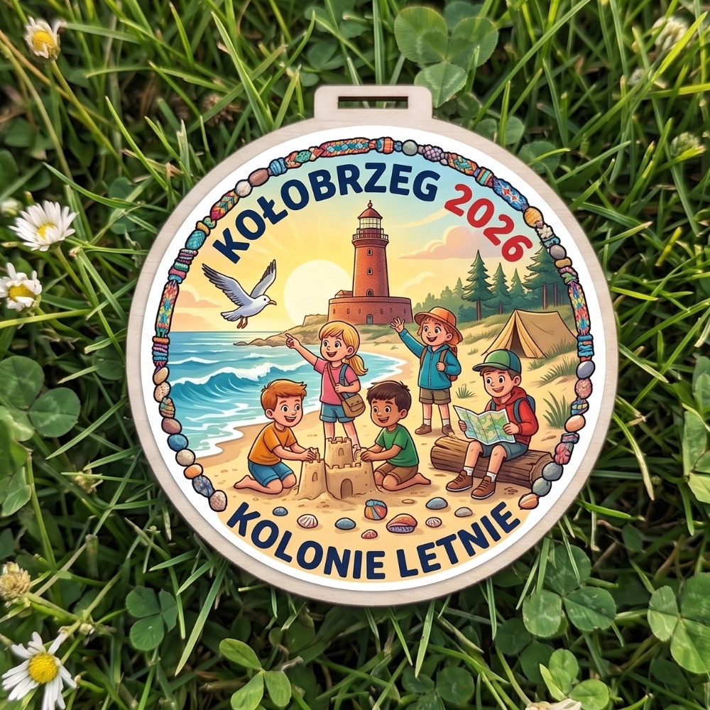 Kolorowy, okrągły drewniany medal z napisem Kołobrzeg 2026 Kolonie Letnie i wizerunkiem dzieci na plaży, w oddali latarnia i namiot