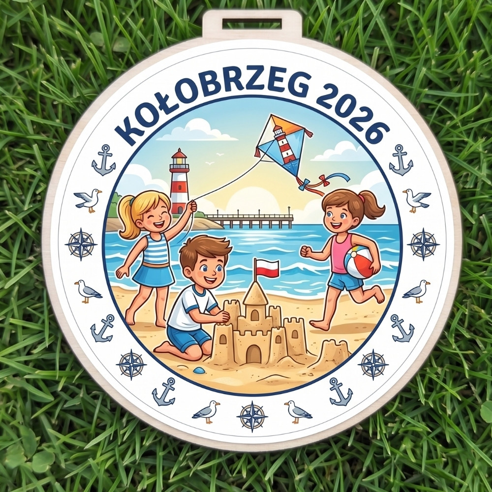 Kolorowy, okrągły drewniany medal z napisem Kołobrzeg 2026 i wizerunkiem dzieci na plaży: bawiących się piaskiem, puszczających latawca, oraz dziewczynki z piłką