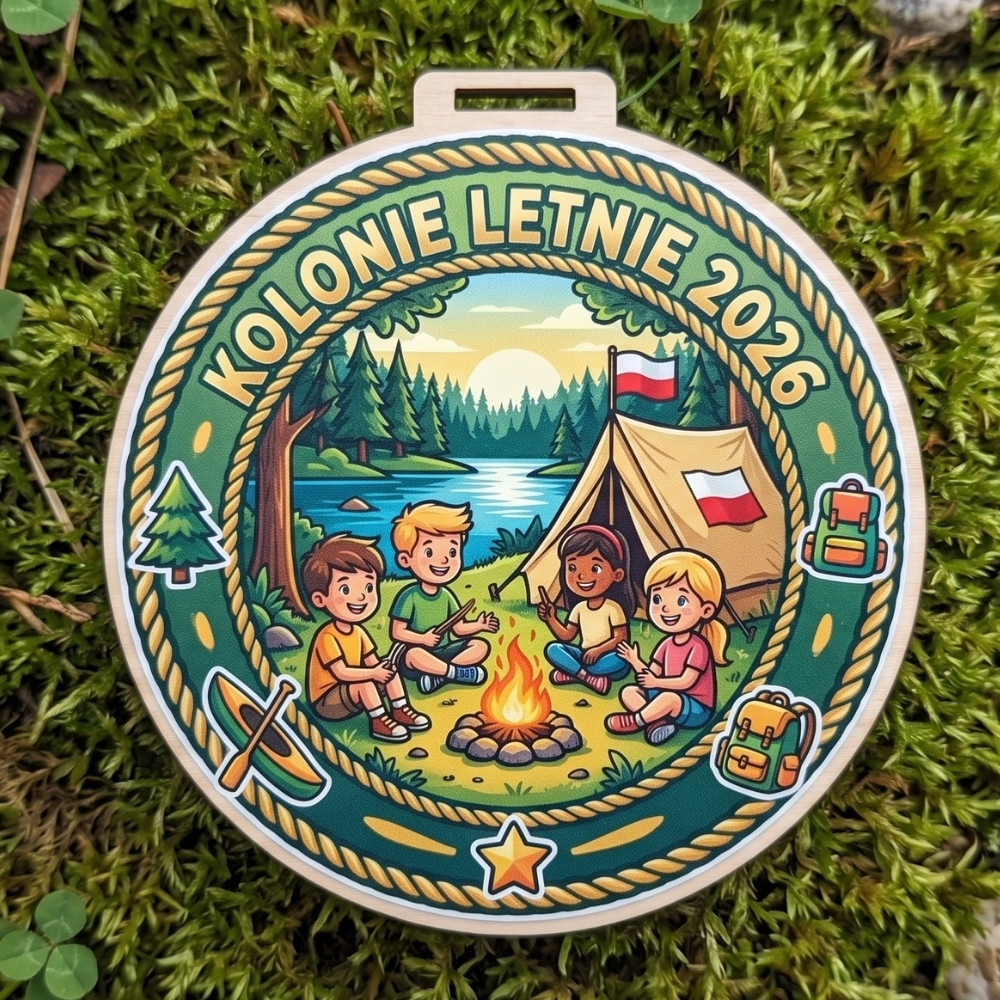 Kolorowy, okrągły drewniany medal z napisem Kolonie Letnie 2026 i wizerunkiem dzieci przy ognisku
