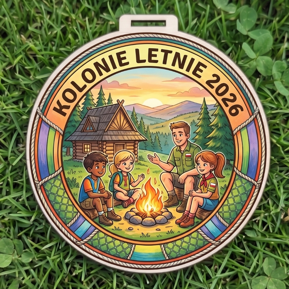 Kolorowy, okrągły drewniany medal z napisem Kolonie Letnie 2026 i wizerunkiem dzieci przy ognisku