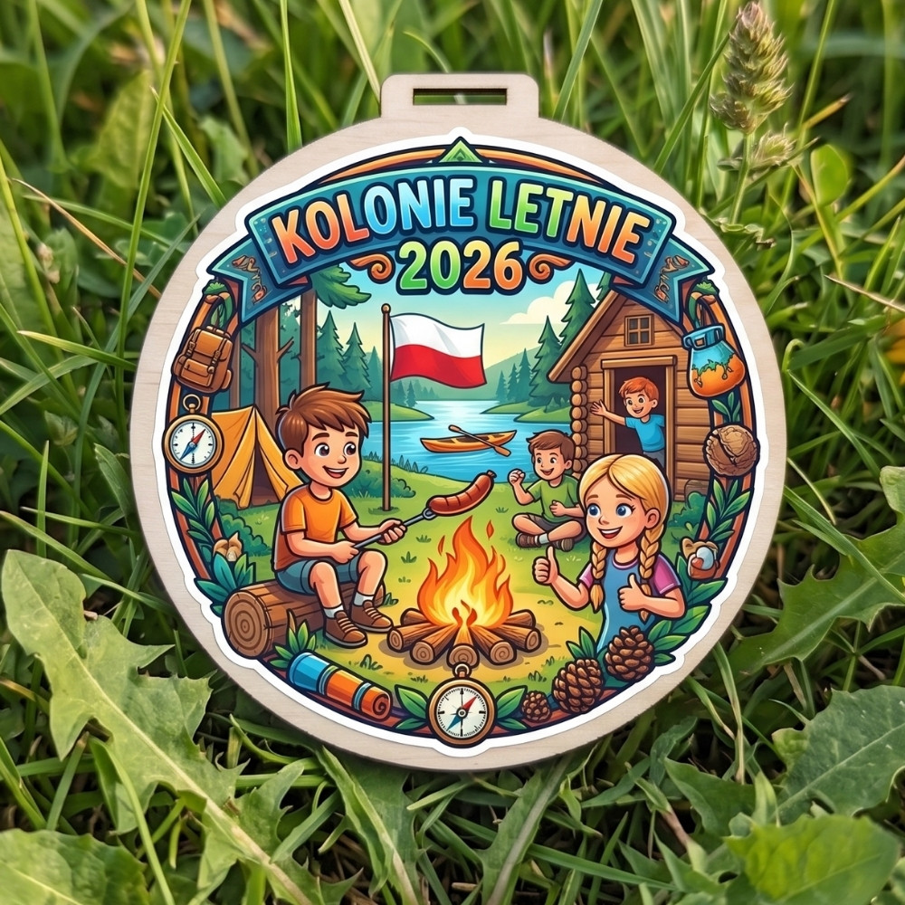Kolorowy, okrągły drewniany medal z napisem Kolonie Letnie 2026 i wizerunkiem dzieci przy ognisku