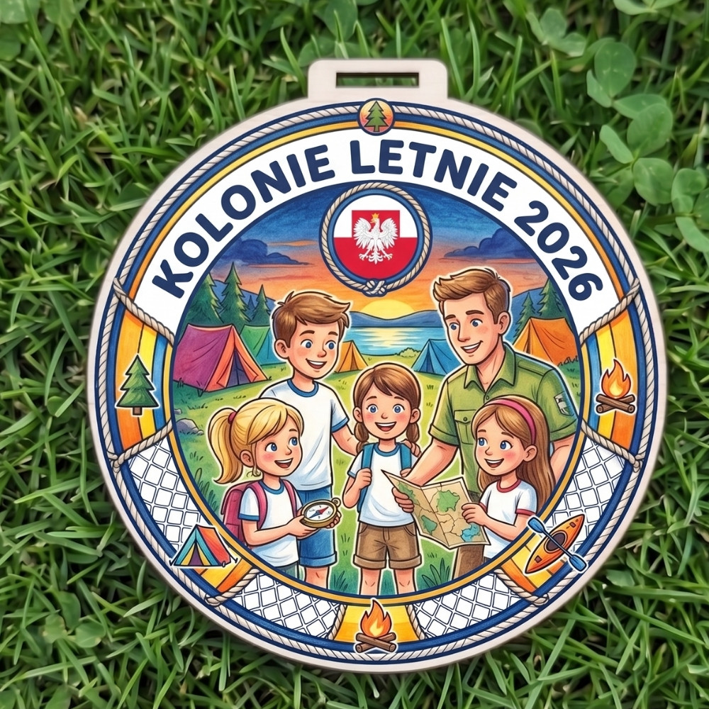 Kolorowy, okrągły drewniany medal z napisem Kolonie Letnie 2026 i wizerunkiem dzieci z opiekunem przy mapie, w tle krajobraz gór i jeziora
