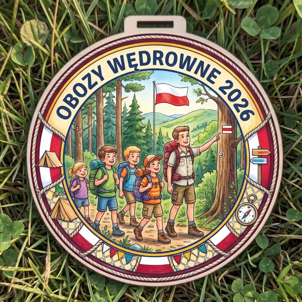 Kolorowy, okrągły drewniany medal z napisem Obozy Wędrowne 2026 i wizerunkiem dzieci z przewodnikiem na szlaku