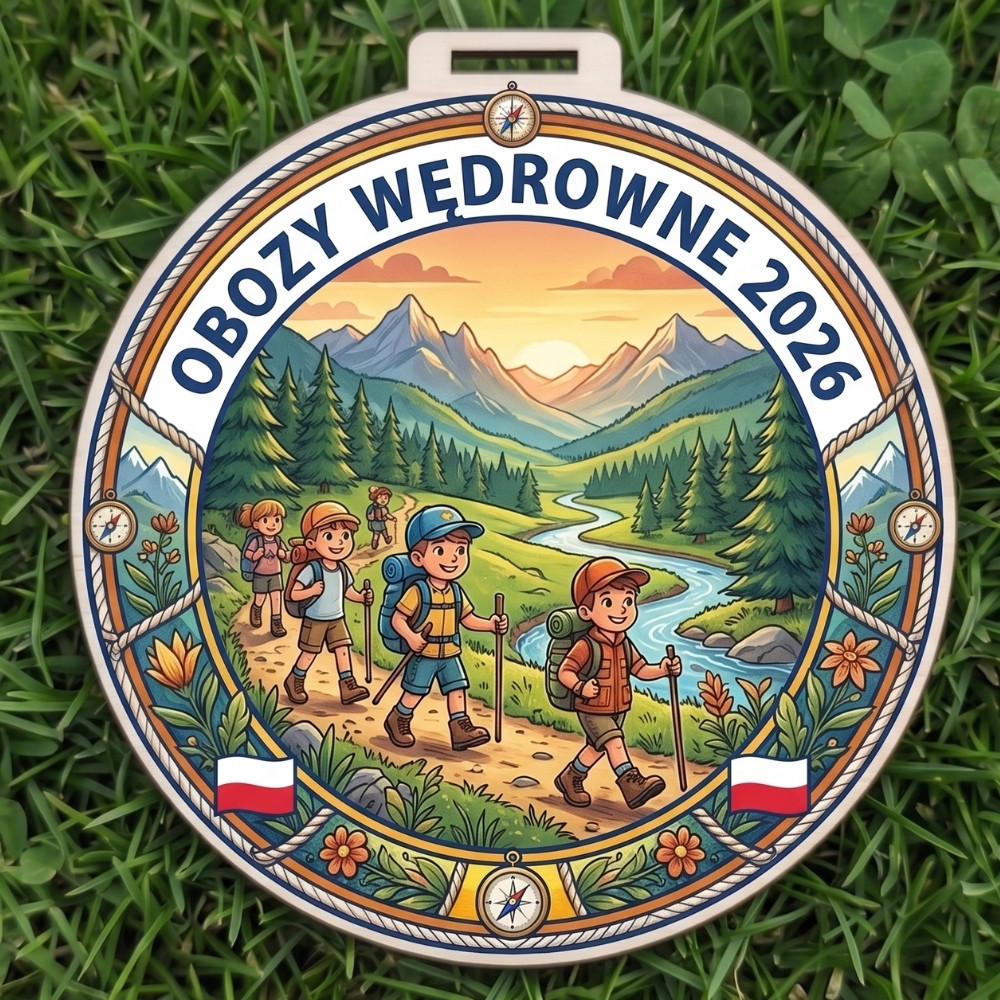 Kolorowy, okrągły drewniany medal z napisem Obozy Wędrowne 2026 i wizerunkiem dzieci na szlaku górskim