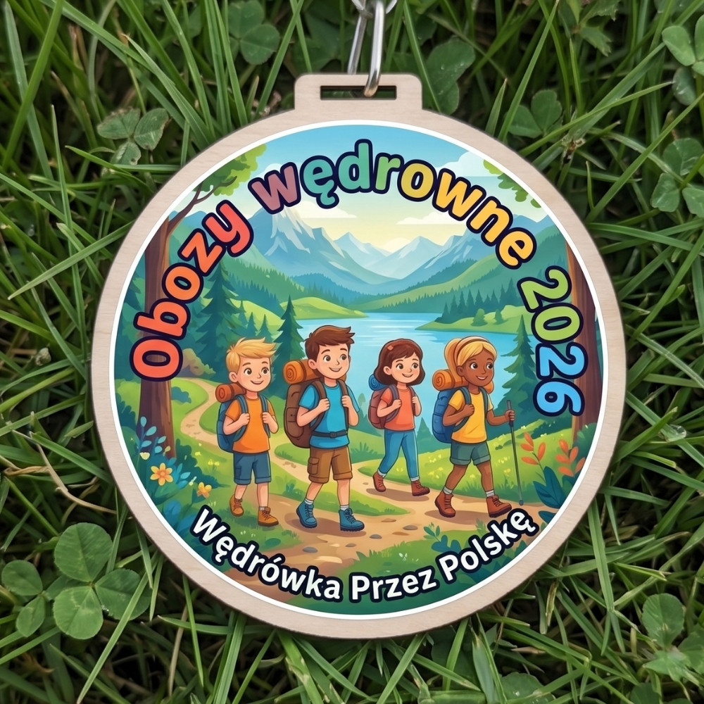 Kolorowy, okrągły drewniany medal z napisem Obozy Wędrowne 2026 Wędrówka przez Polskę i wizerunkiem dzieci na szlaku