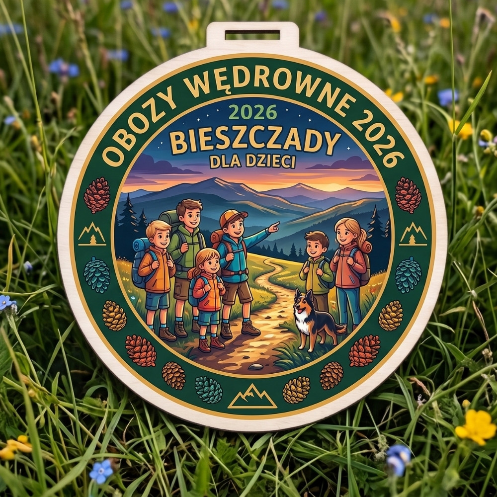 Kolorowy, okrągły drewniany medal z napisem Obozy Wędrowne 2026 Bieszczady dla Dzieci i wizerunkiem dzieci z psem na szlaku.