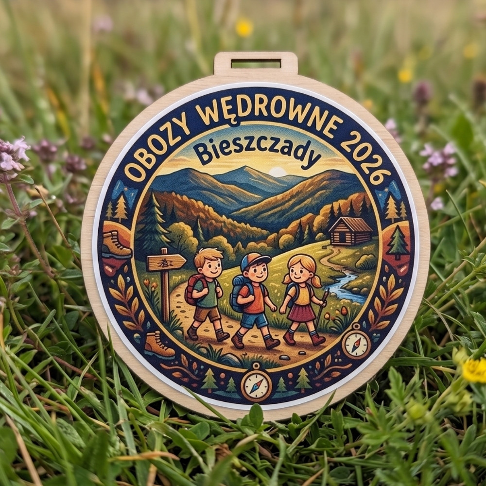 Kolorowy, okrągły drewniany medal z napisem Obozy Wędrowne 2026 Bieszczady i izerunkiem dzieci na szlaku