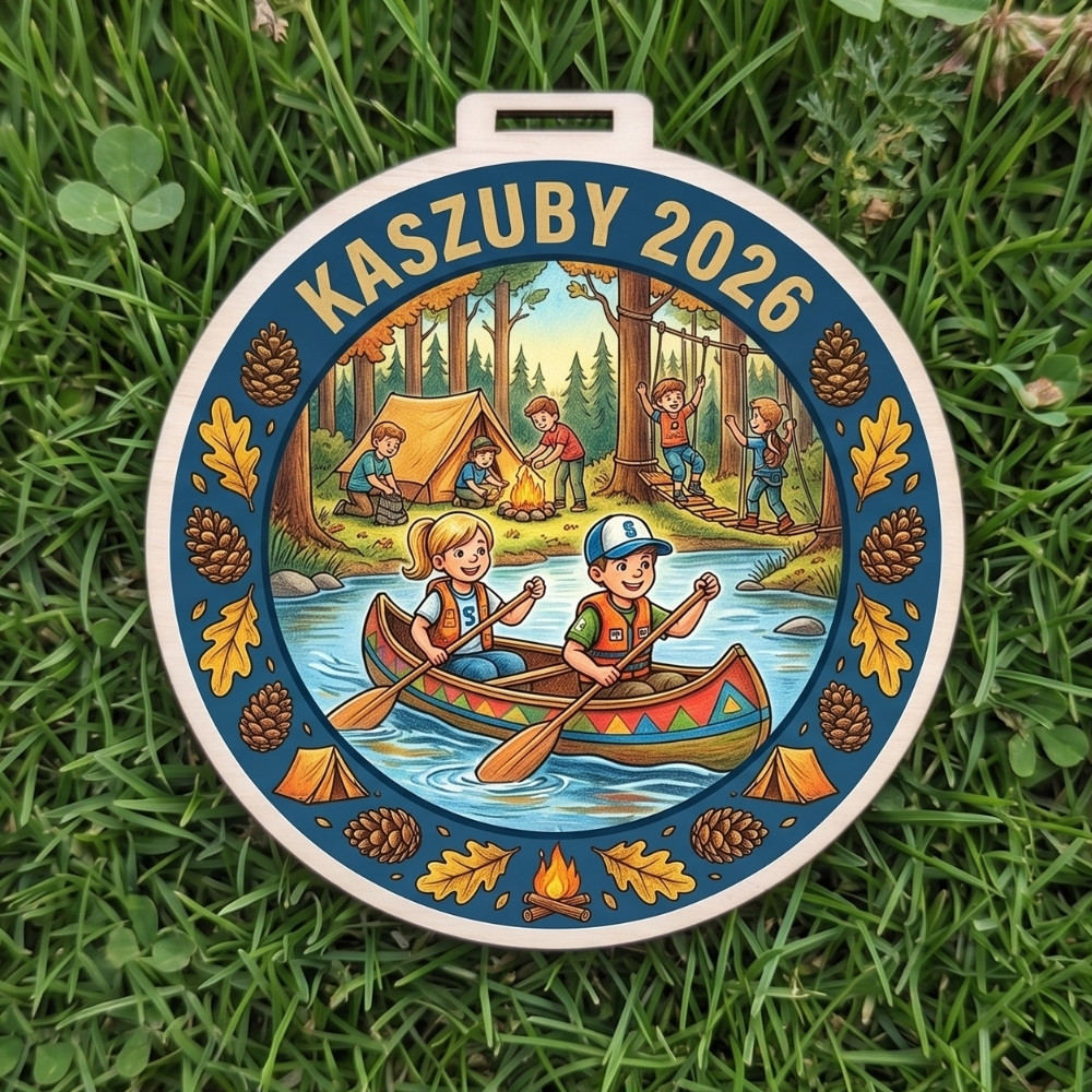 Kolorowy, okrągły drewniany medal z napisem Kaszyby 2026 i wizerunkiem dzieci w kajakach