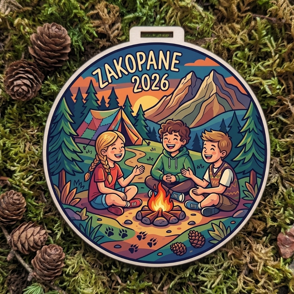 Kolorowy, okrągły drewniany medal z napisem Zakopane 2026
